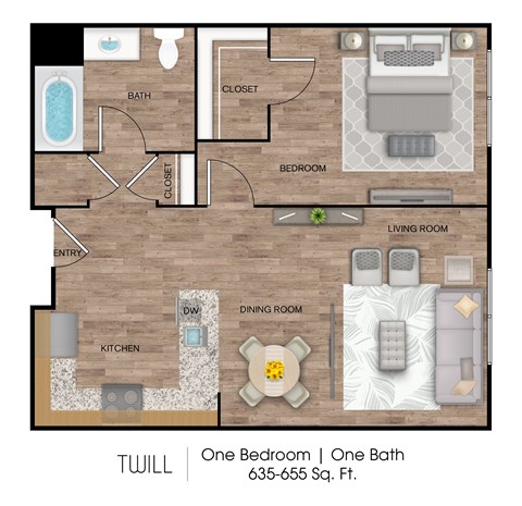 A floor plan of a one bedroom, one bath apartment.